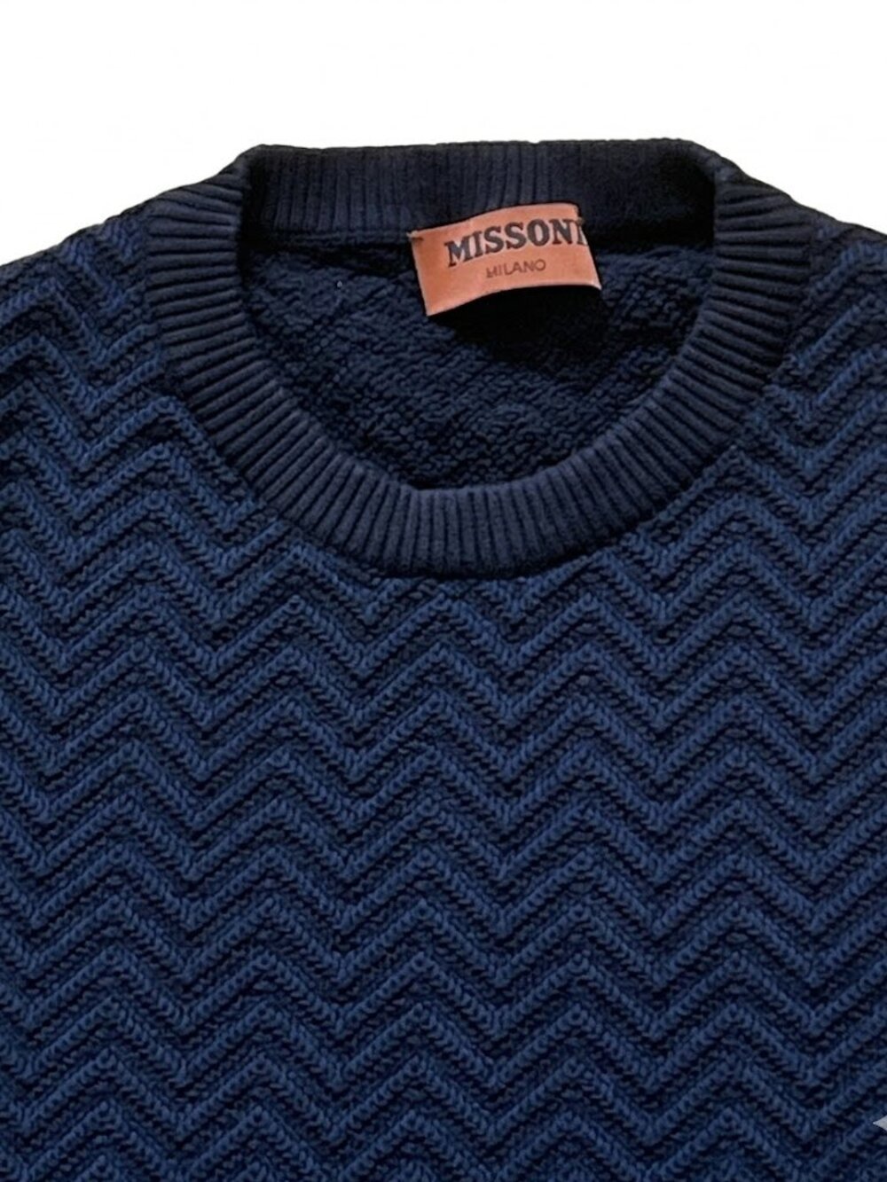 MISSONI NAVY TEXTURED CHEVRON KNIT CREWNECK SWEATER – IT 48 (US SMALL) NEW
